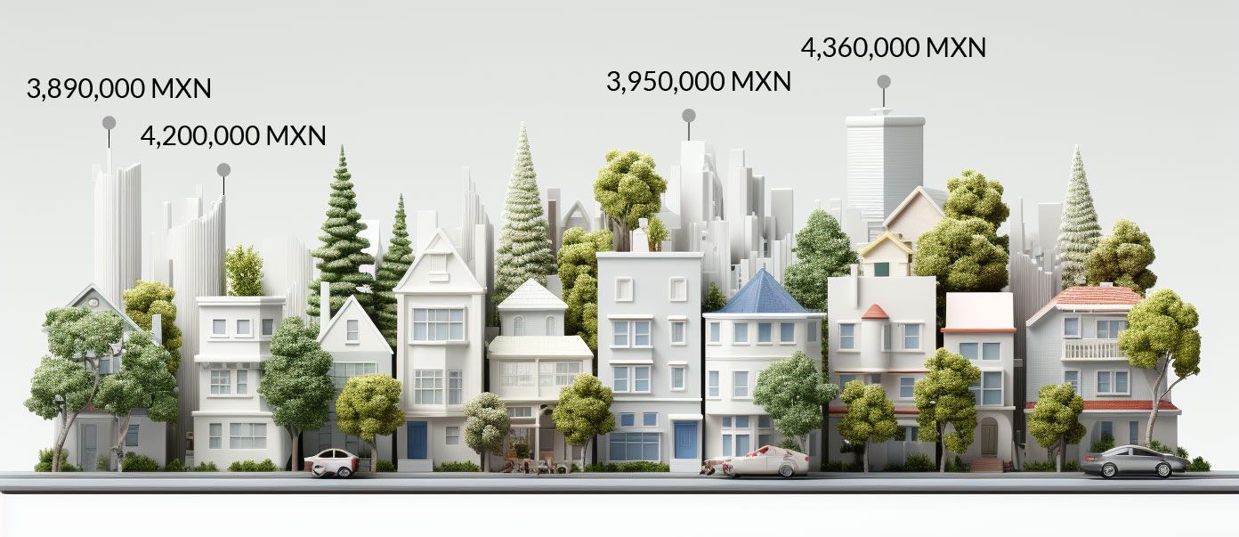 Imagen generada con inteligencia artificial: modelo 3D del panorama de CDMX. Muestra los precios de lo departamentos y casas.