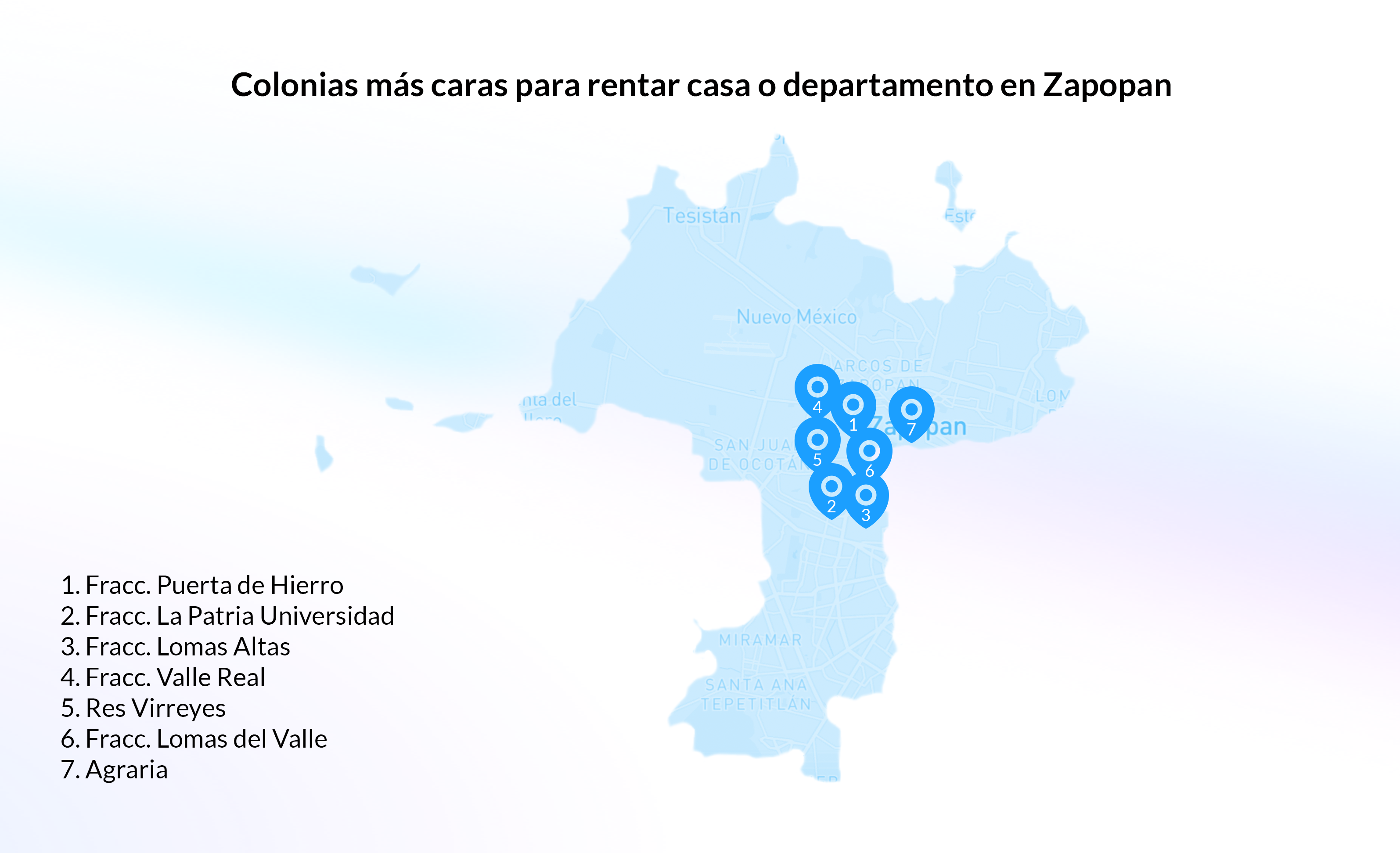 Imagen que muestra mapa de las colonias más caras para rentar casa o departamento en Zapopan