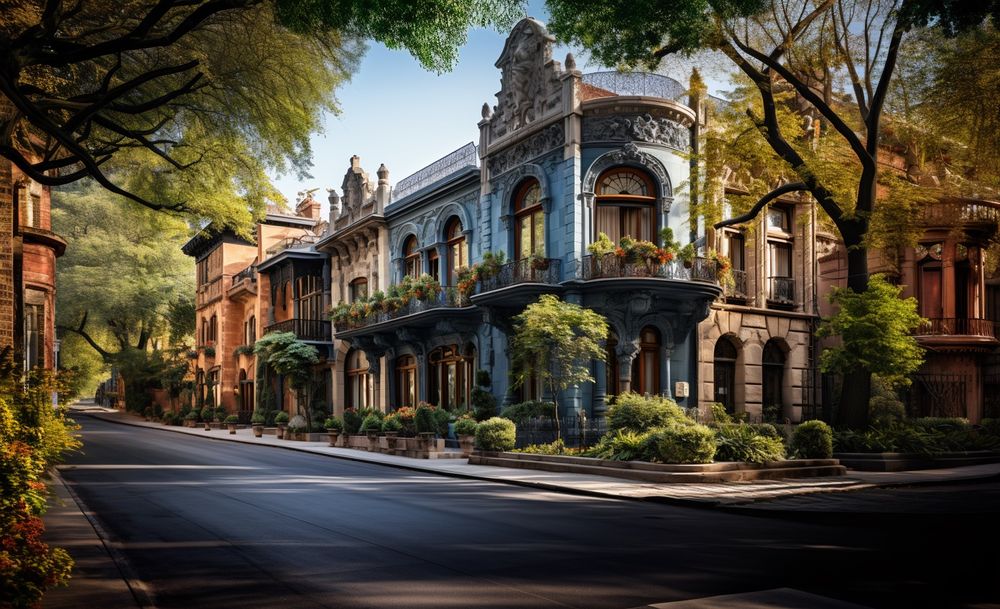 Imagen hecha con AI (Inteligencia Artificial). Muestran casas en 3d de estilo colonial en la Condesa. 